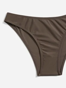 實心剪裁沖浪比基尼，適用於夏季沙灘 - 摩卡棕 - 查看 3