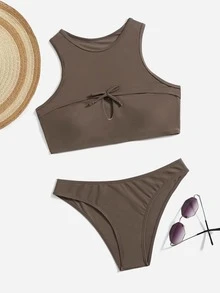 實心剪裁沖浪比基尼，適用於夏季沙灘 - 摩卡棕 - 查看 4