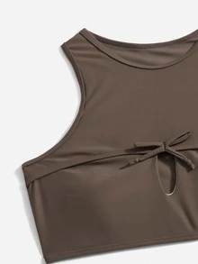 實心剪裁沖浪比基尼，適用於夏季沙灘 - 摩卡棕 - 查看 5