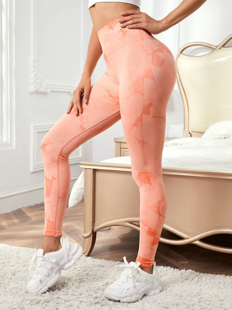 紮染寬帶式腰運動緊身褲 - 珊瑚橙 - 查看 1