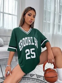 SHEIN Unity Camiseta con estampado de letra ribete de rayas - Verde Oscuro - Ver 1