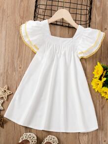 SHEIN 小女童拼接水溶蕾絲多層邊連衣裙 - 白色 - 查看 1