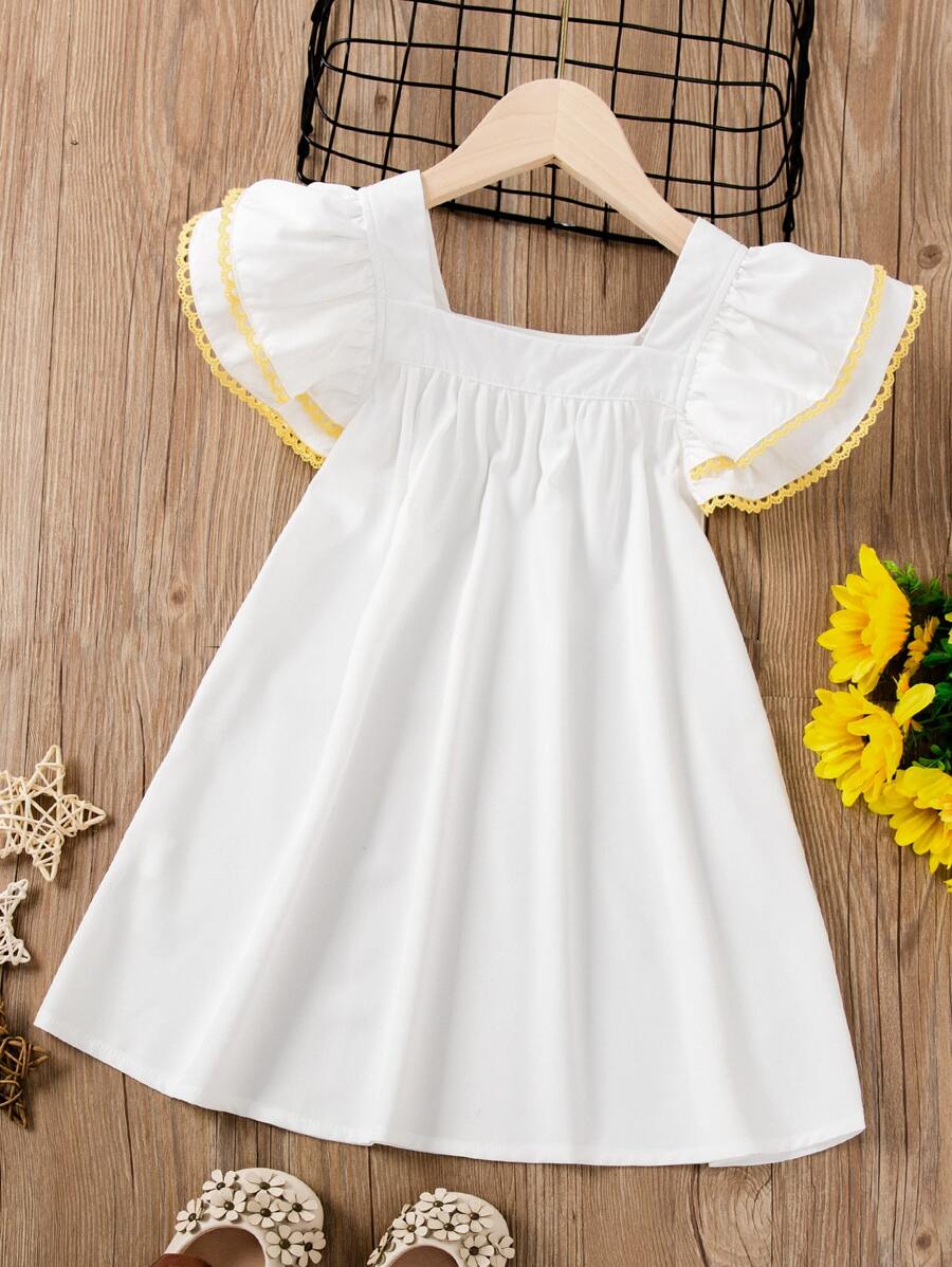 SHEIN 小女童拼接水溶蕾絲多層邊連衣裙 - 白色 - 查看 1