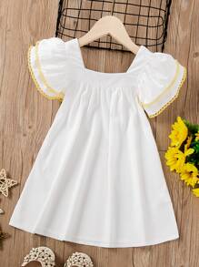 SHEIN 小女童拼接水溶蕾絲多層邊連衣裙 - 白色 - 查看 2