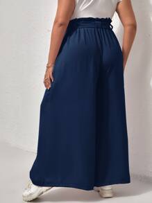 Calvaya Plus Paperbag Waist Tie Front Wide Leg Trousers - Navy Blue - View 2