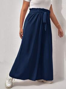 Calvaya Plus Paperbag Waist Tie Front Wide Leg Trousers - Navy Blue - View 3