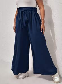 Calvaya Plus Paperbag Waist Tie Front Wide Leg Trousers - Navy Blue - View 4