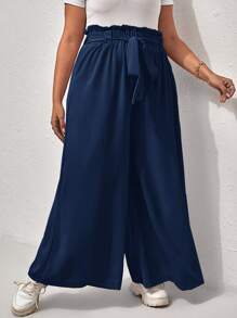 Calvaya Plus Paperbag Waist Tie Front Wide Leg Trousers - Navy Blue - View 5