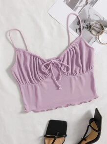 SHEIN Unity Tie Front Ruched Bust Lettuce Trim Crop Cami Top - Mauve Purple - View 1