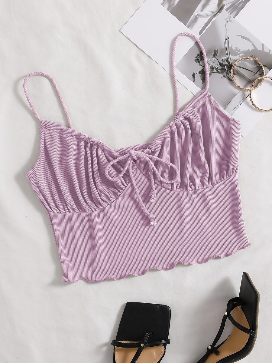 SHEIN Unity Tie Front Ruched Bust Lettuce Trim Crop Cami Top - Mauve Purple - View 1
