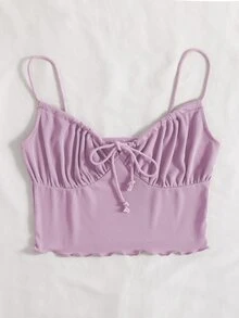 SHEIN Unity Tie Front Ruched Bust Lettuce Trim Crop Cami Top - Mauve Purple - View 3
