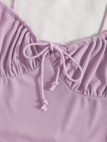 SHEIN Unity Tie Front Ruched Bust Lettuce Trim Crop Cami Top - Mauve Purple - View 5