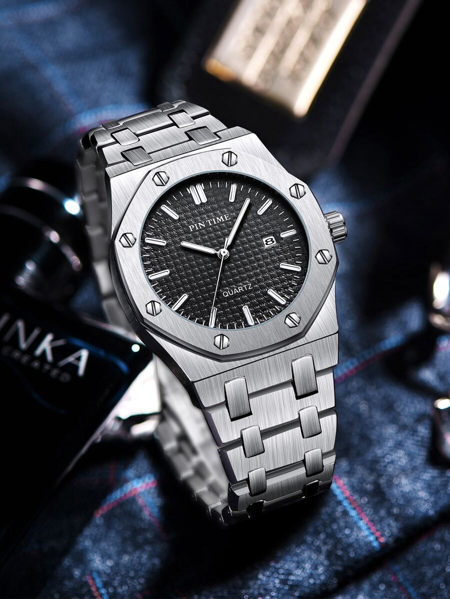 PINTIME Reloj de cuarzo octagonal casual y resistente al agua (1 pieza de herramienta de extracción incluida) - Plateado - Ver 1