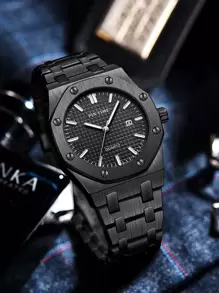PINTIME 1PC Men's Calendar Watch With A Black Octagonal Mesh Dial, Stainless Steel Band, Minimalist Business Style, Water-Resistant Luxury Quartz Watch - Black - View 2