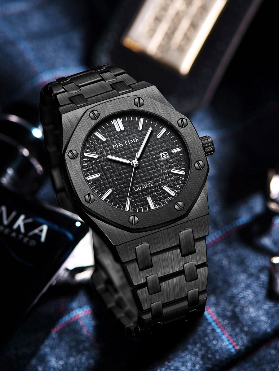 PINTIME 1PC Men's Calendar Watch With A Black Octagonal Mesh Dial, Stainless Steel Band, Minimalist Business Style, Water-Resistant Luxury Quartz Watch