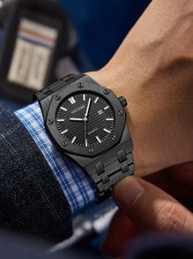 PINTIME 1PC Men's Calendar Watch With A Black Octagonal Mesh Dial, Stainless Steel Band, Minimalist Business Style, Water-Resistant Luxury Quartz Watch - Black - View 6