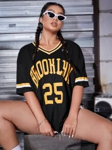 SHEIN EZwear Áo thun Plus size Lá thư Sọc Thể thao - màu đen - Xem 1