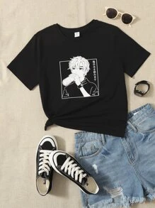 SHEIN Teen Girls Figure Graphic Tee - Black - View 1