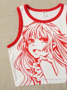 SHEIN Teen Girls Figure Graphic Contrast Binding Tank Top - White - View 3