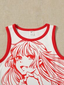 SHEIN Teen Girls Figure Graphic Contrast Binding Tank Top - White - View 4