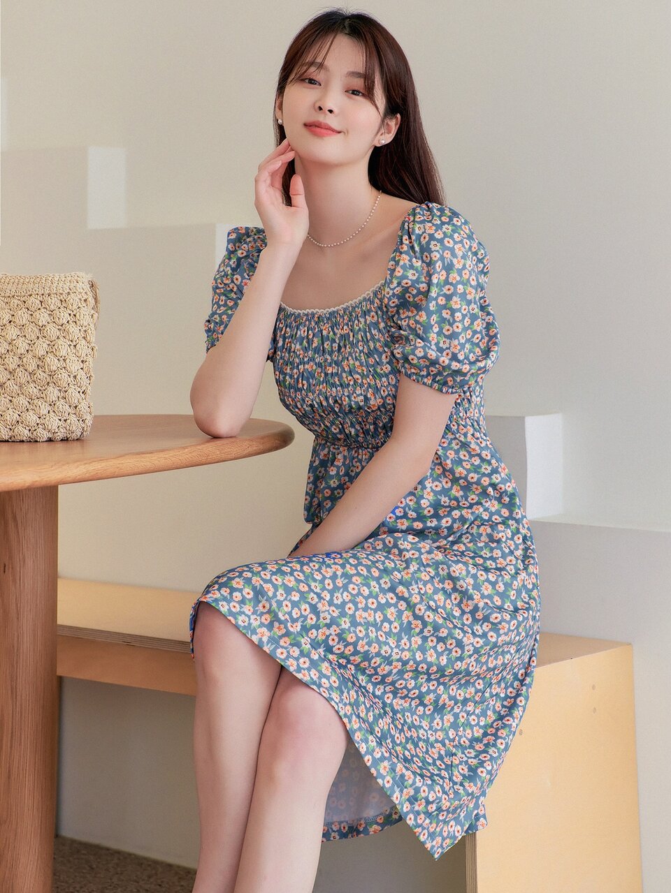 Ditsy Floral Print Shirred Bishop Sleeve Dress