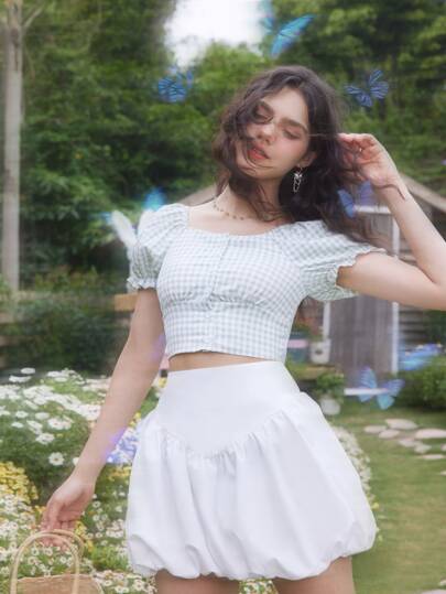 Gingham Puff Sleeve Blouse