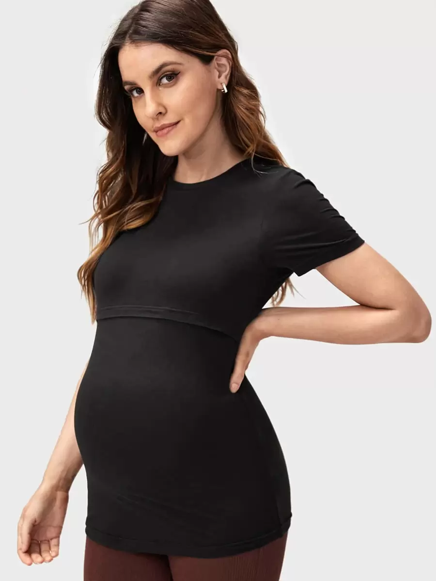 SHEIN Maternity Solid Nursing Tee - Black - View 1