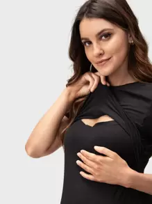 SHEIN Maternity Solid Nursing Tee - Black - View 2