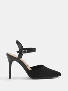 Cuccoo Knit Detail Point Toe Stiletto Heeled Ankle Strap Pumps - Black - View 3