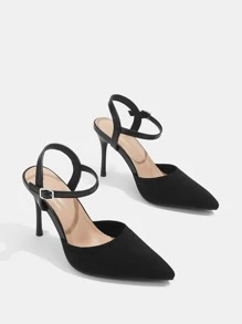 Cuccoo Knit Detail Point Toe Stiletto Heeled Ankle Strap Pumps - Black - View 6
