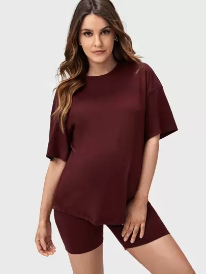 SHEIN Maternity Solid Drop Shoulder Top & Biker Shorts Set