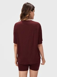SHEIN Maternity Solid Drop Shoulder Top & Biker Shorts Set - Burgundy - View 2