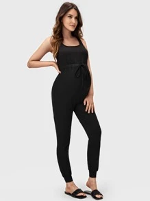 SHEIN Maternity Drawstring High Waist Tank Jumpsuit - Black - View 4