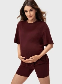 SHEIN Maternity Solid Drop Shoulder Top & Biker Shorts Set - Burgundy - View 6