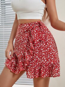 SHEIN Frenchy Falda cruzada con nudo ribete con fruncido floral - Rojo y blanco - Ver 5