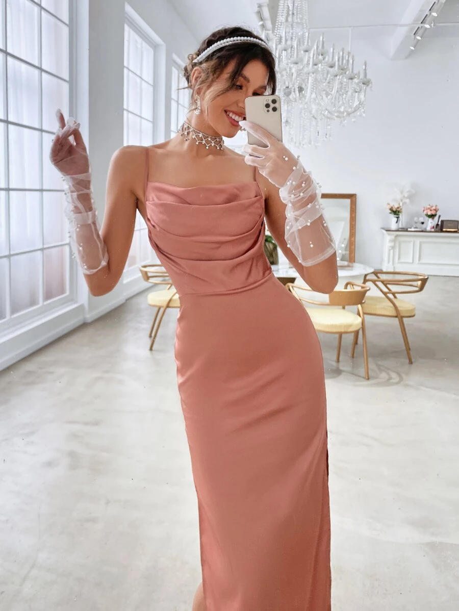 Split Thigh Backless Satin Cami Dress - Dusty Pink - View 1