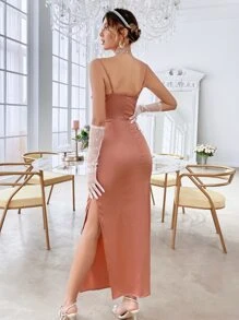 Split Thigh Backless Satin Cami Dress - Dusty Pink - View 2
