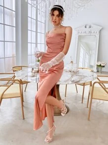 Split Thigh Backless Satin Cami Dress - Dusty Pink - View 5