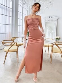 Split Thigh Backless Satin Cami Dress - Dusty Pink - View 6