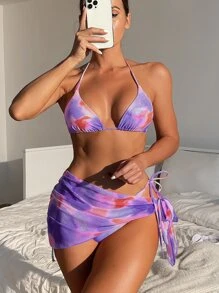 SHEIN Swim 紮染比基尼套裝吊脖三角形文胸上衣和側繫帶泳衣下裝和罩衫半身裙3入組泳衣 - 紫色 - 查看 1