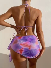 SHEIN Swim 紮染比基尼套裝吊脖三角形文胸上衣和側繫帶泳衣下裝和罩衫半身裙3入組泳衣 - 紫色 - 查看 7