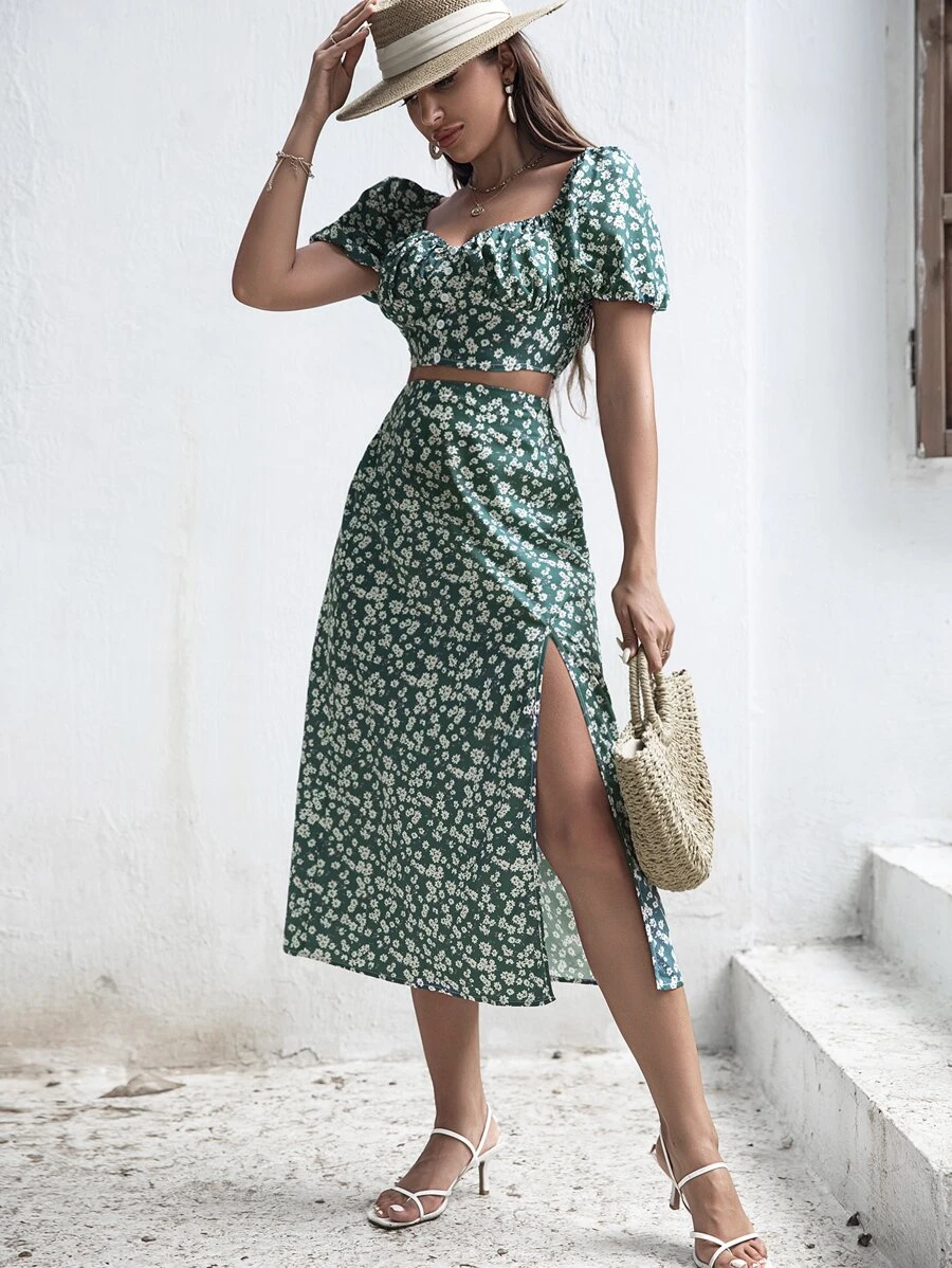 VCAY Polka Dot Tie Front Crop Tube Top & Split Thigh Skirt Set
