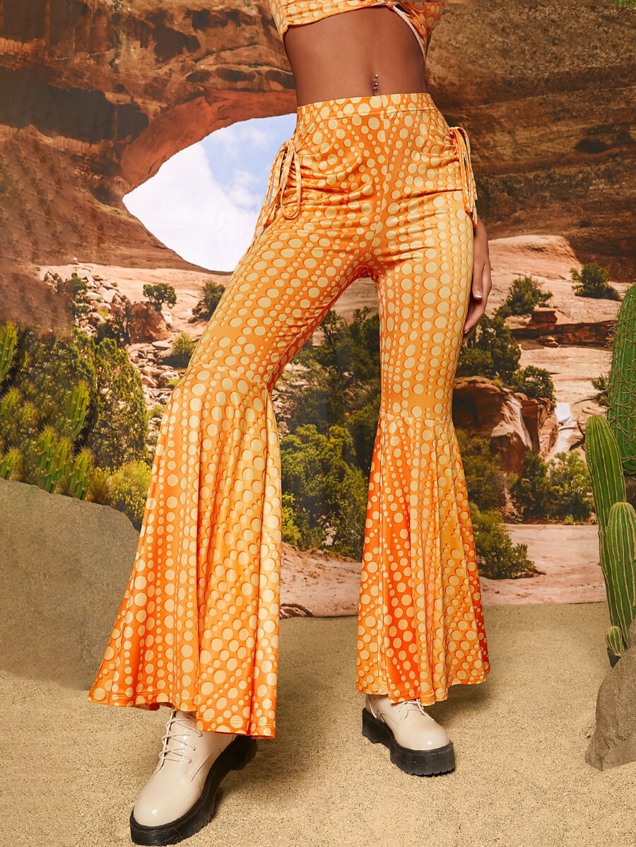 SHEIN VCAY Polka Dot Print Ruffle Hem Trousers - Orange - View 1