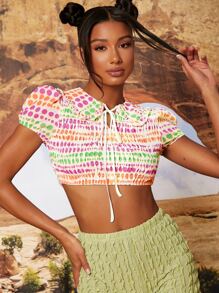 SHEIN VCAY 波卡圓點繫帶領泡泡袖打褶上衣 - 彩色 - 查看 1