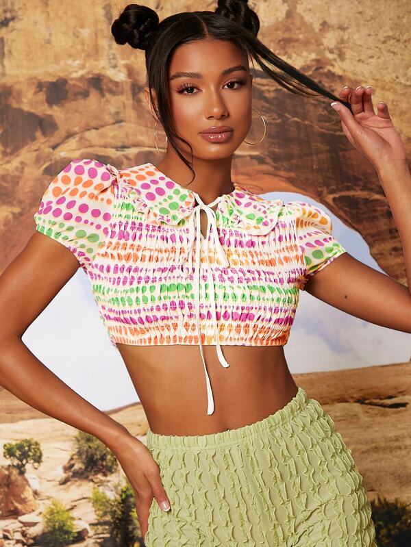 SHEIN VCAY Polka Dot Tie Neck Puff Sleeve Shirred Top