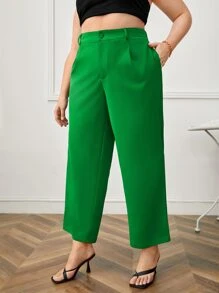 SHEIN Essnce Plus High Waist Fold Pleated Trousers - Green - View 1
