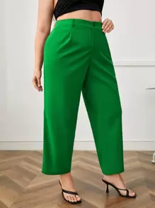 SHEIN Essnce Plus High Waist Fold Pleated Trousers - Green - View 3
