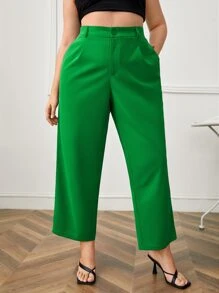 SHEIN Essnce Plus High Waist Fold Pleated Trousers - Green - View 5