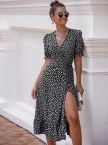SHEIN LUNE 小碎花泡泡袖側打結圍裹式連衣裙 - 彩色 - 查看 1
