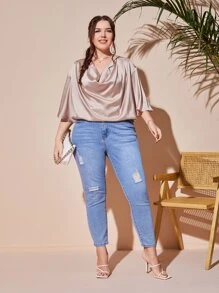 SHEIN Privé Áo sơ mi Plus Size Vắt màu trơn Thanh lịch - Bụi hồng - Xem 5